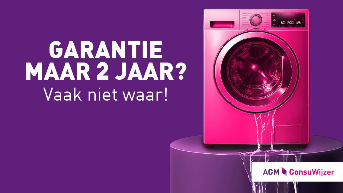 Garantie van maar twee jaar? Vaak niet waar! Foto van een roze kapotte wasmachine